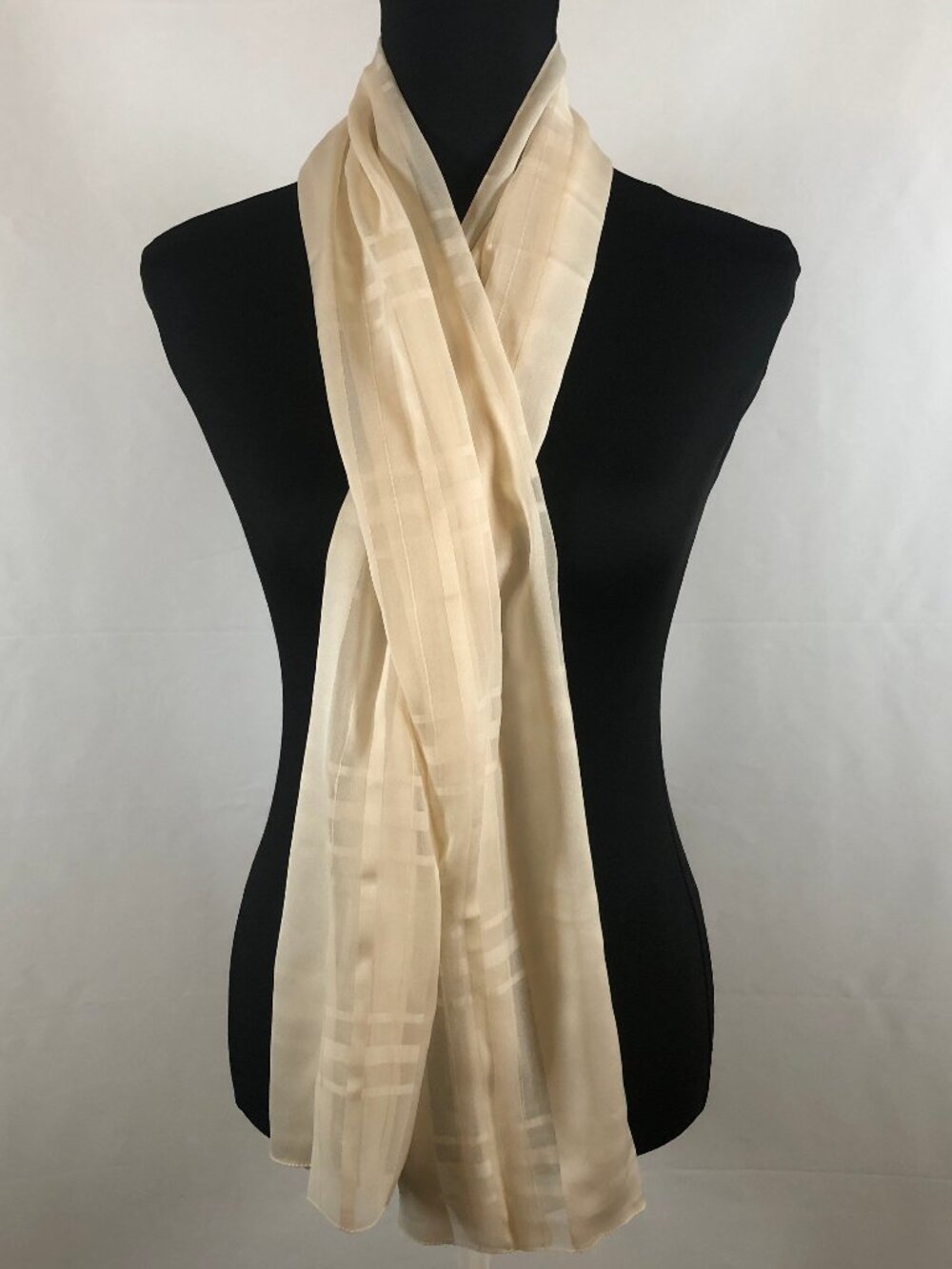 Vintage Sheer Ivory/Champagne Plaid Scarf — Quiet Luxury Minimalist Elegance - Picture 11 of 13